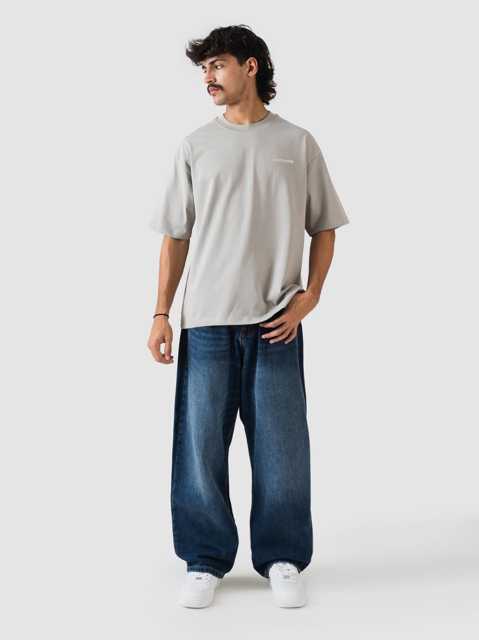slate grey oversized t-shirt by GROOVY, embroidered logo, Pakistan