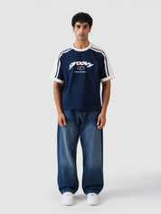 deep blue ringer t-shirt from GROOVY, contrast trim, made in Pakistan