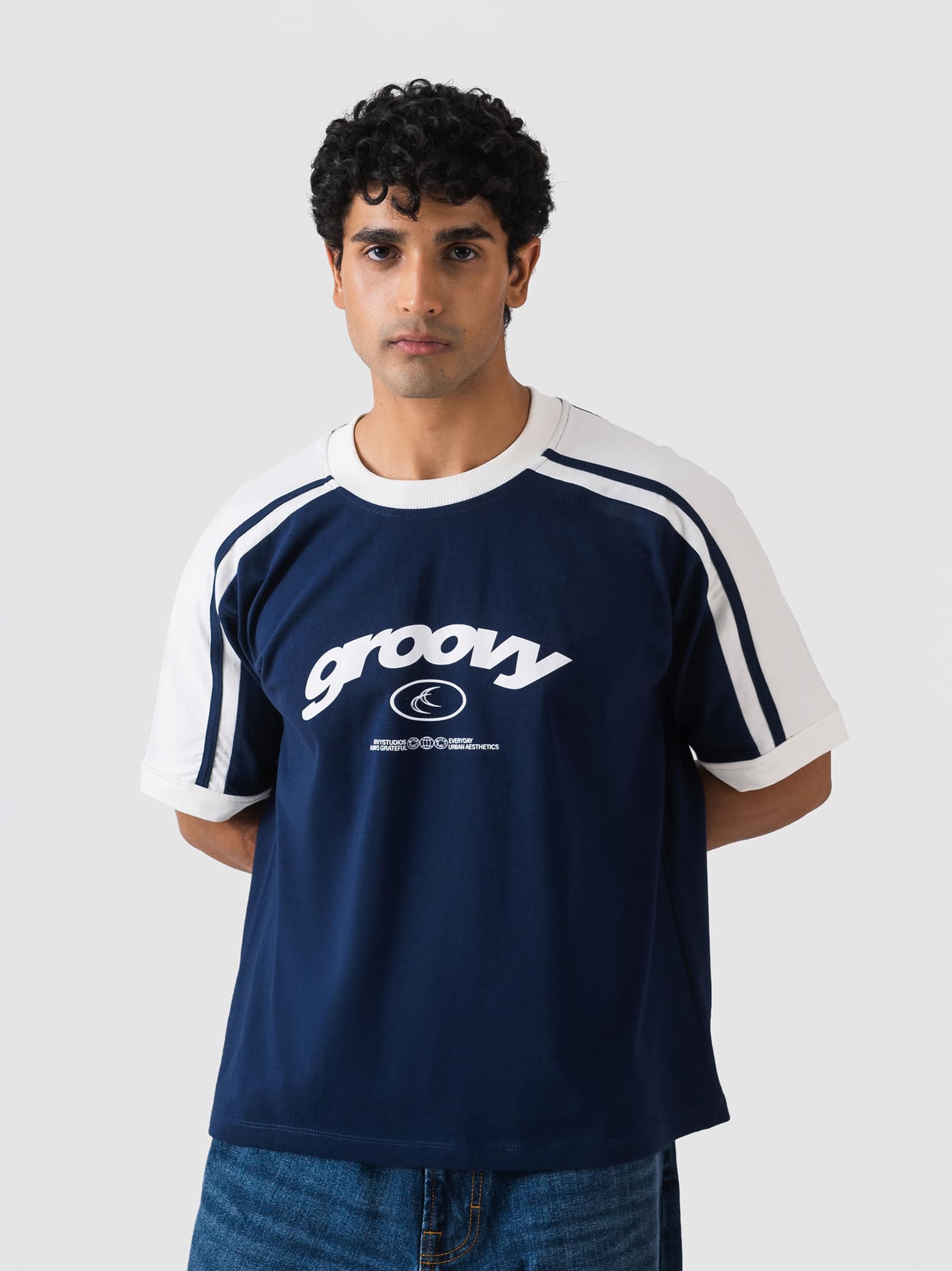 GROOVY deep blue ringer t-shirt, contrast trim, Pakistan