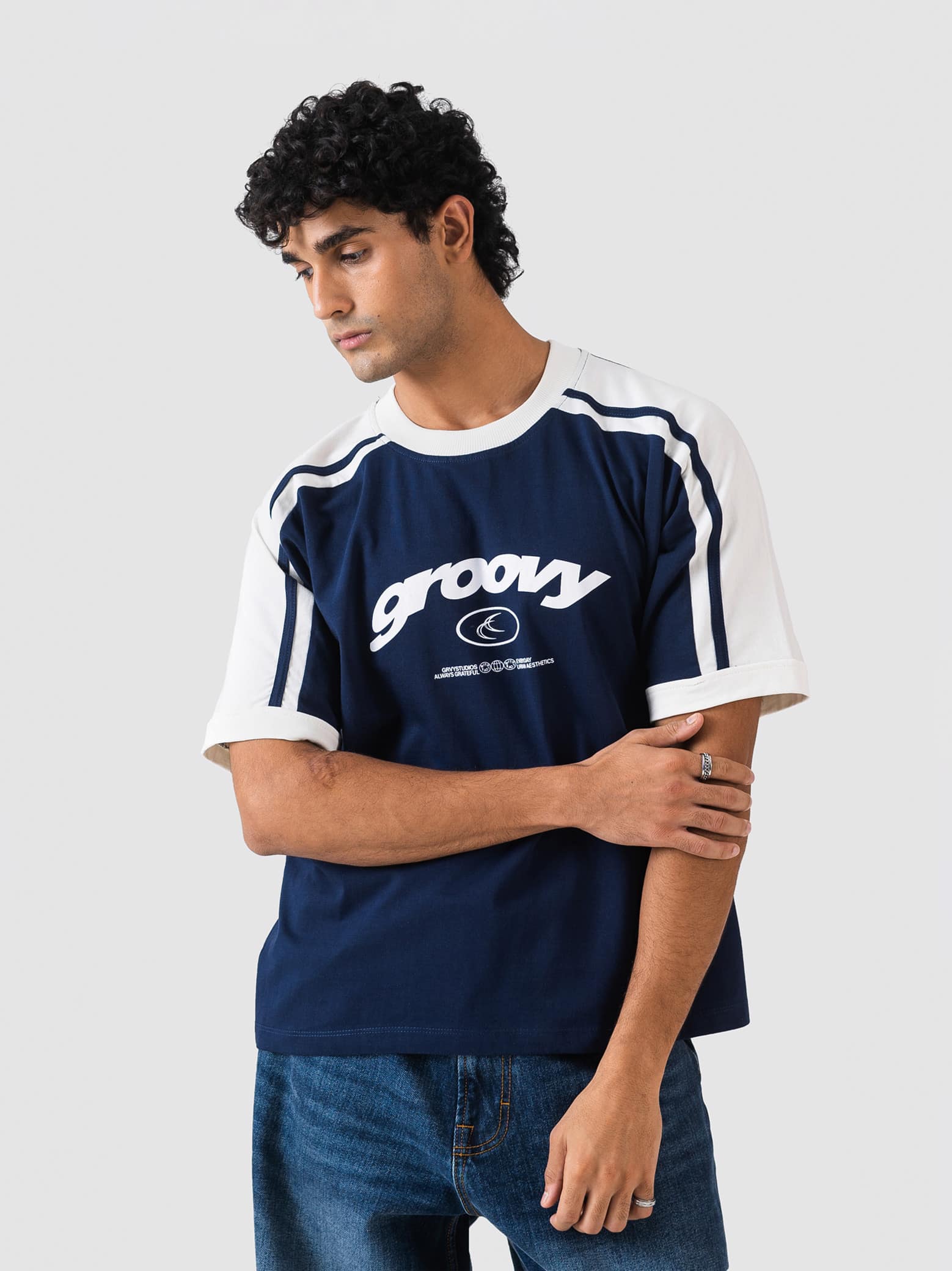 GROOVY deep blue ringer t-shirt, contrast trim, Pakistan