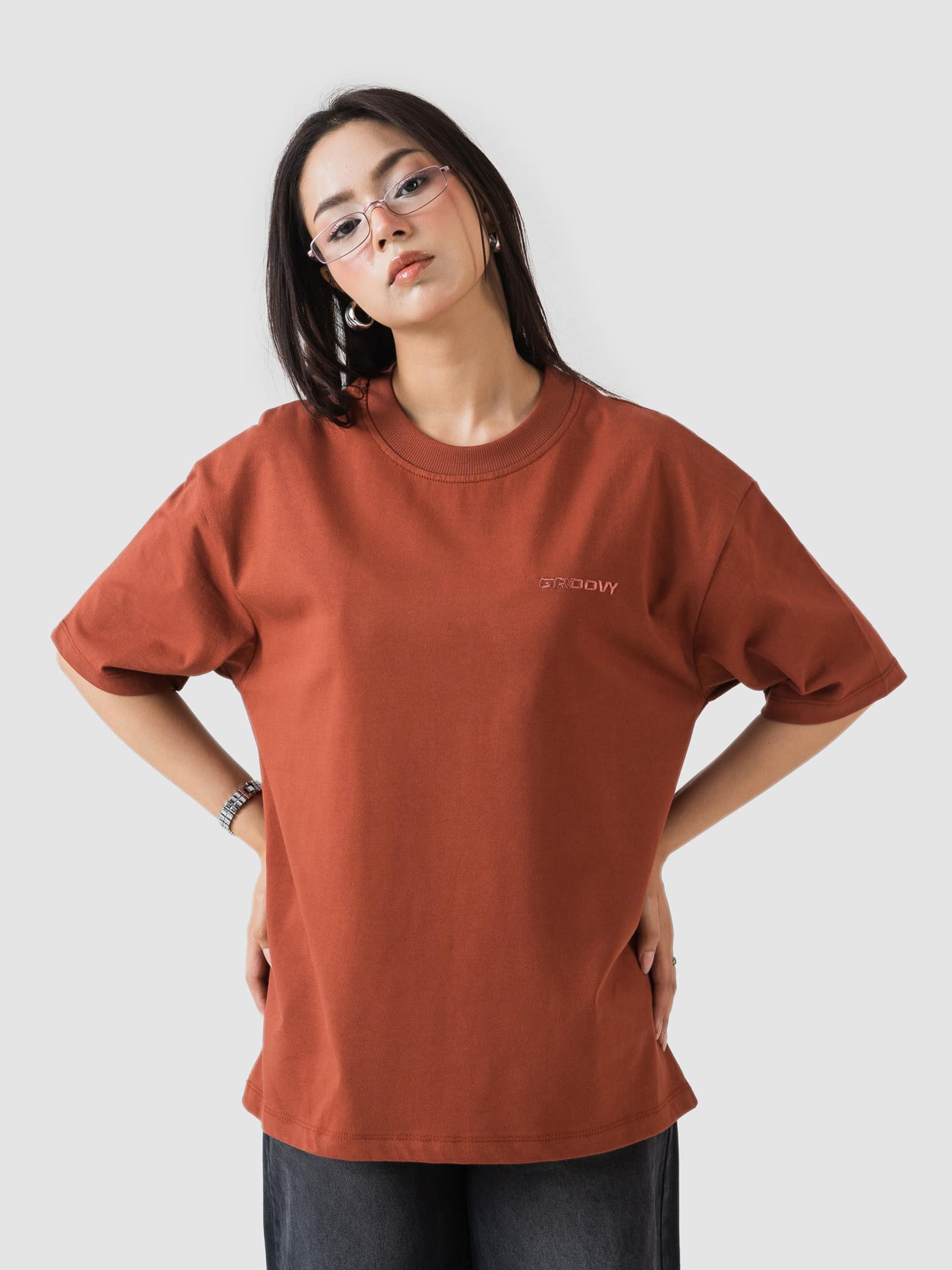 GROOVY streetwear oversized t-shirt, rust, embroidered logo