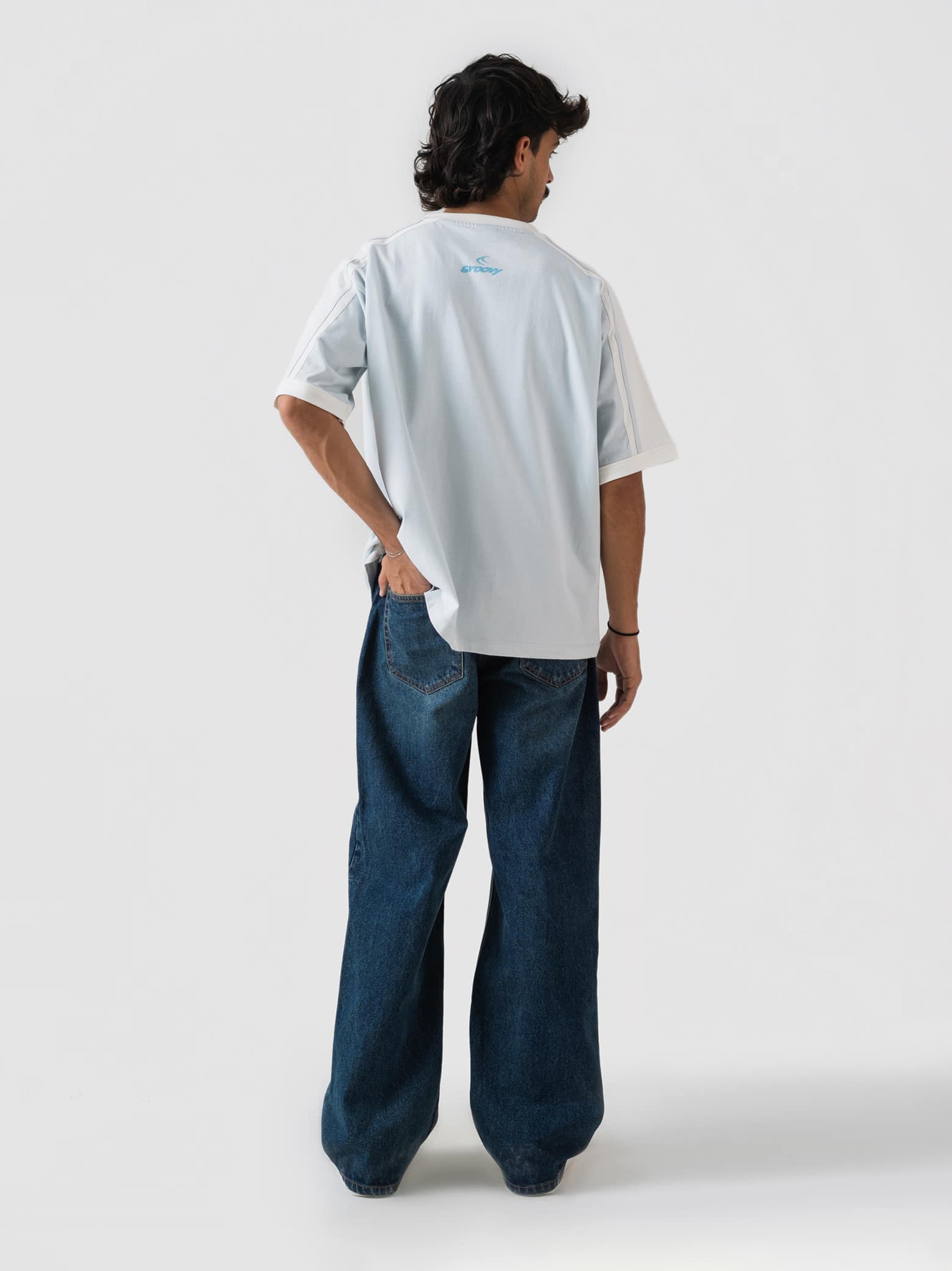 frost blue ringer t-shirt from GROOVY, contrast trim, made in Pakistan