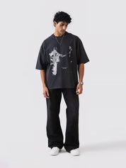 black oversized t-shirt by GROOVY, photographic graphic print, Pakistan
