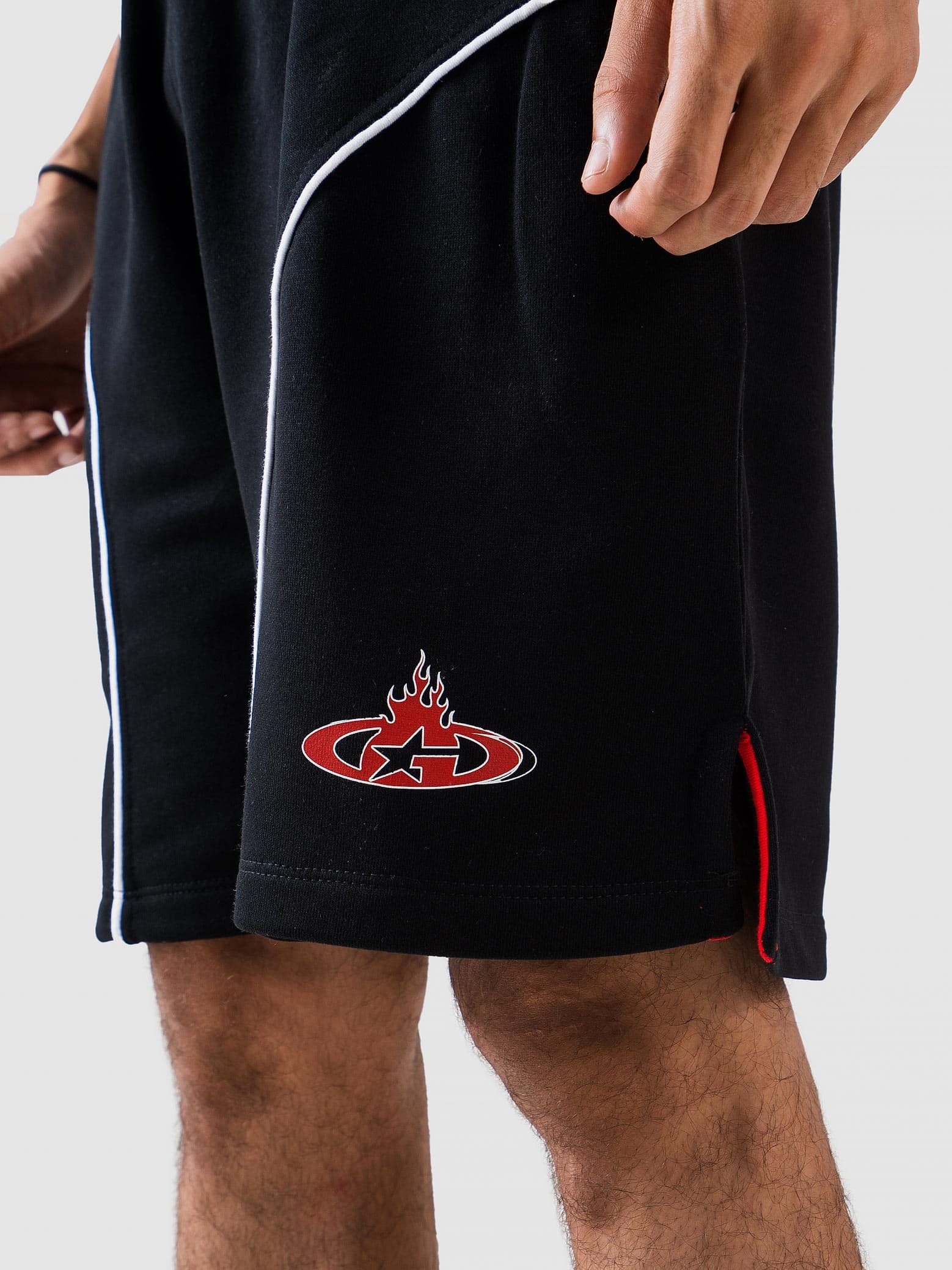 black shorts by GROOVY, racing stripe detail, Pakistan